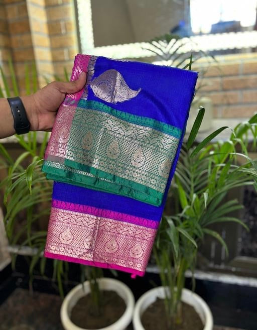 Traditional wear Kota checks Royal Blue With Dual Color Fancy Border sarees