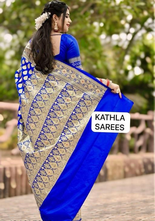 Traditional Banarasi Satin silk royal blue saree with Stone work for wedding