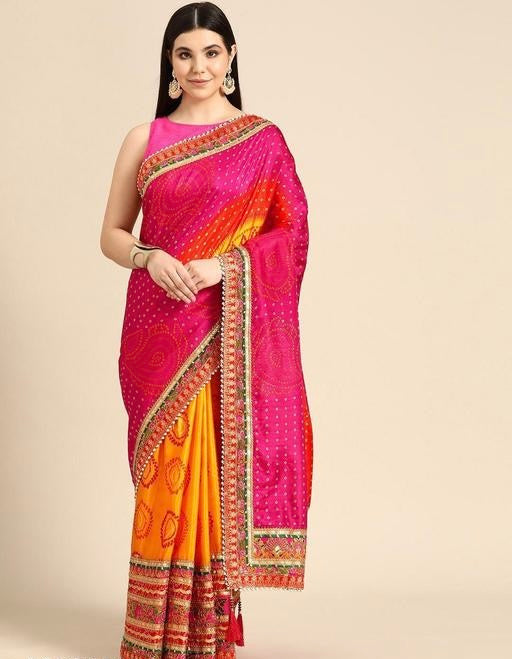 Women's Bandhani Saree With Lace Border And Unstitched Blouse Piece