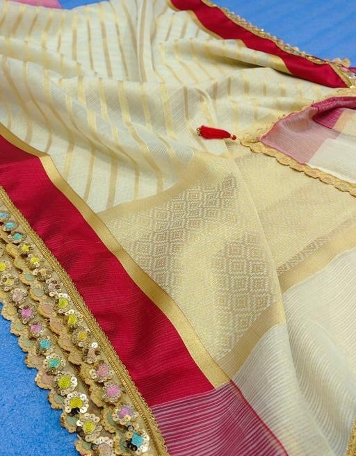Premium Banarasi Kota checks White color saree & red satin border with lase works