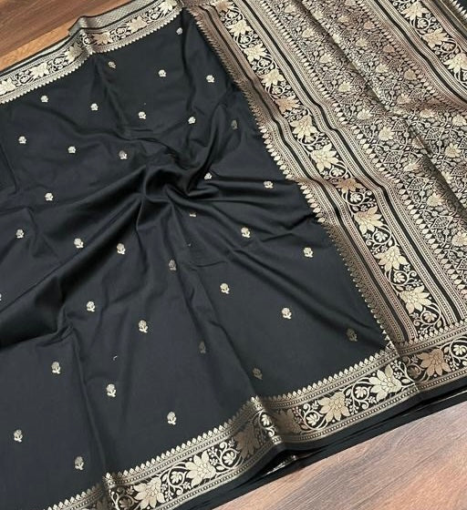 Banarasi black colour soft silk zari weaving saree with blouse piece