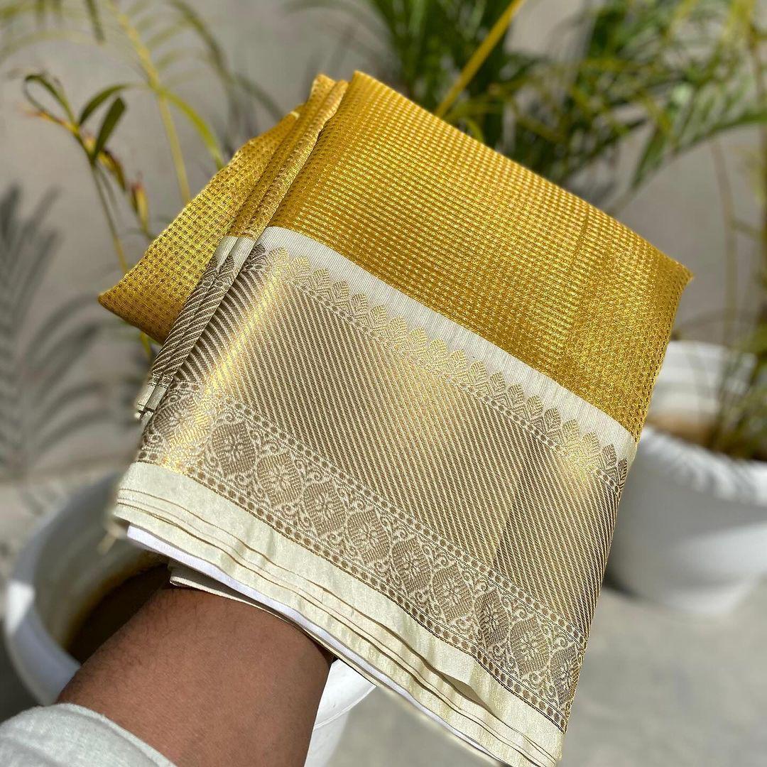 Exclusive Banarasi Glass Tissue Silk Gold zari Saree with  Contrast border & Pallu