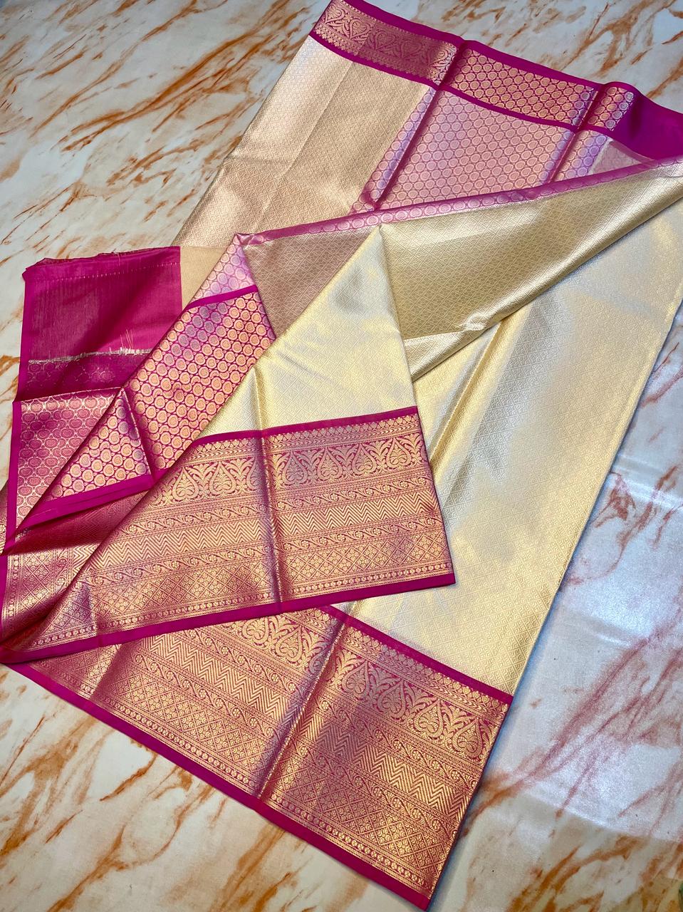 Traditional wear Creem With Pink Zari weaving Kora muslin saree