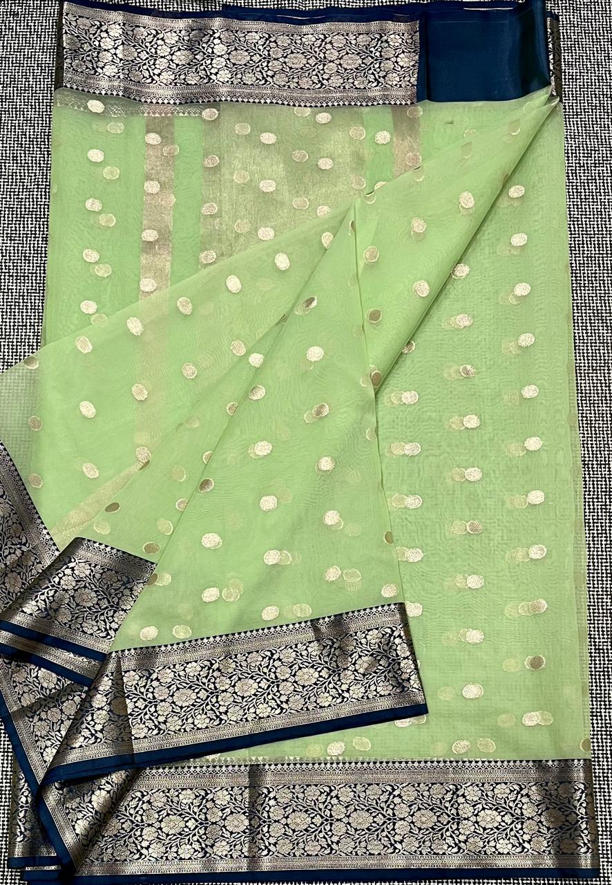 Traditional banarasi Bitti pattern organza Green colour Saree