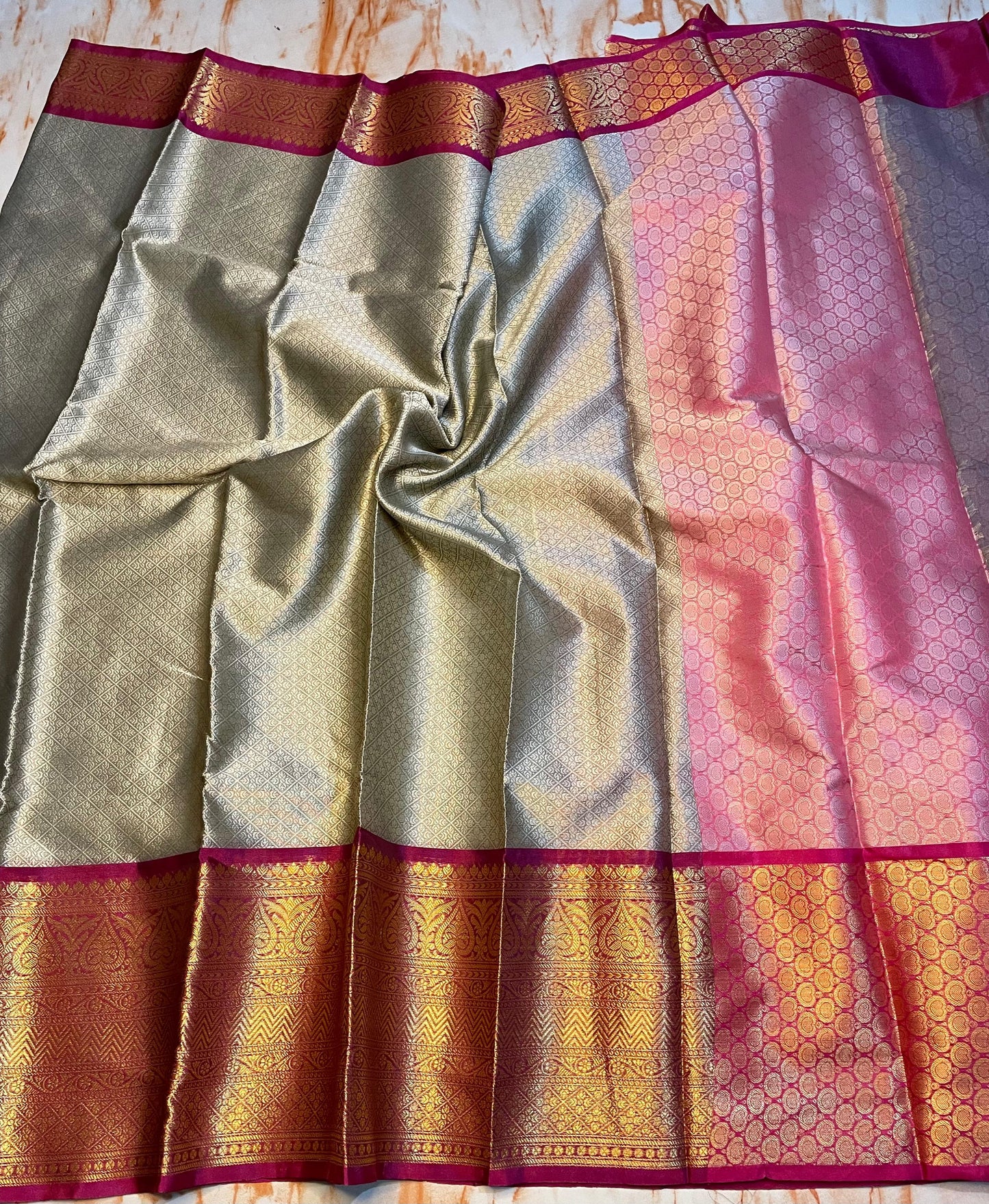 Kanjeevaram Soft silky kora muslin grey color saree with gold zari weaving skirt border saree