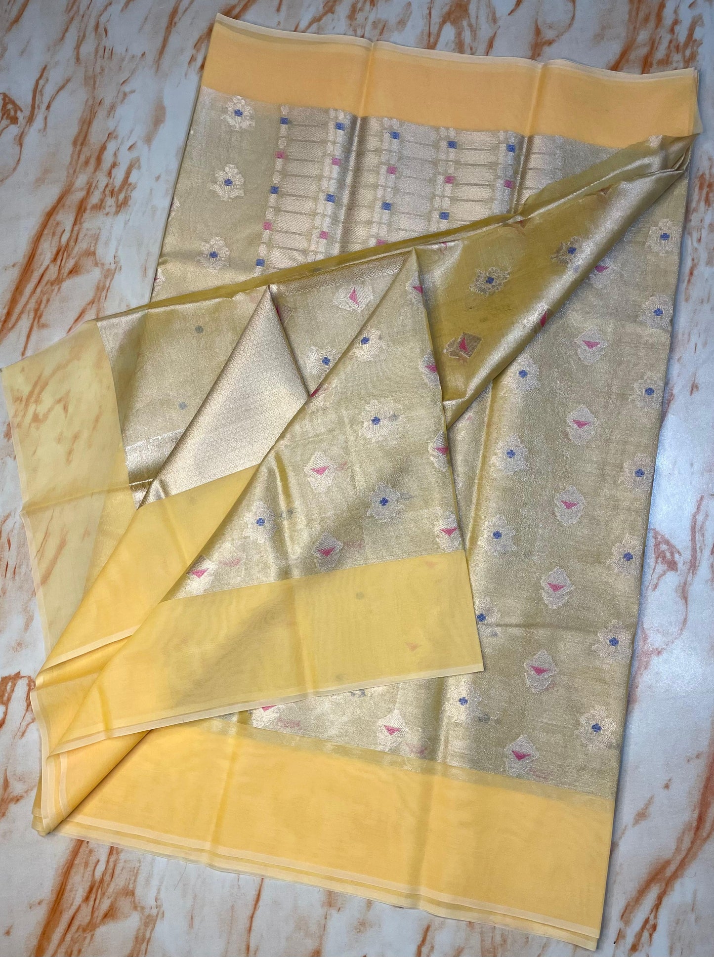Premium Tissue Organza Yellow Color with flower weaving butta Pattern sarees