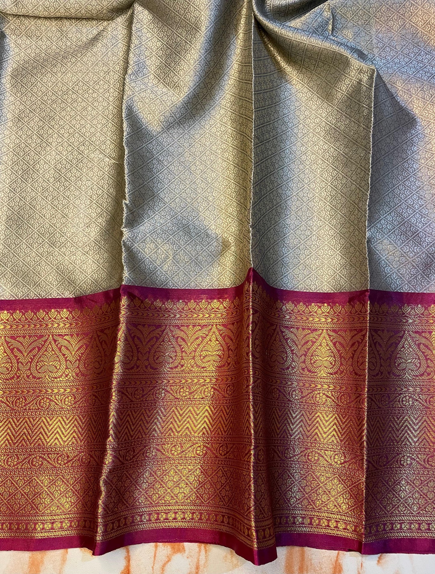 Kanjeevaram Soft silky kora muslin grey color saree with gold zari weaving skirt border saree