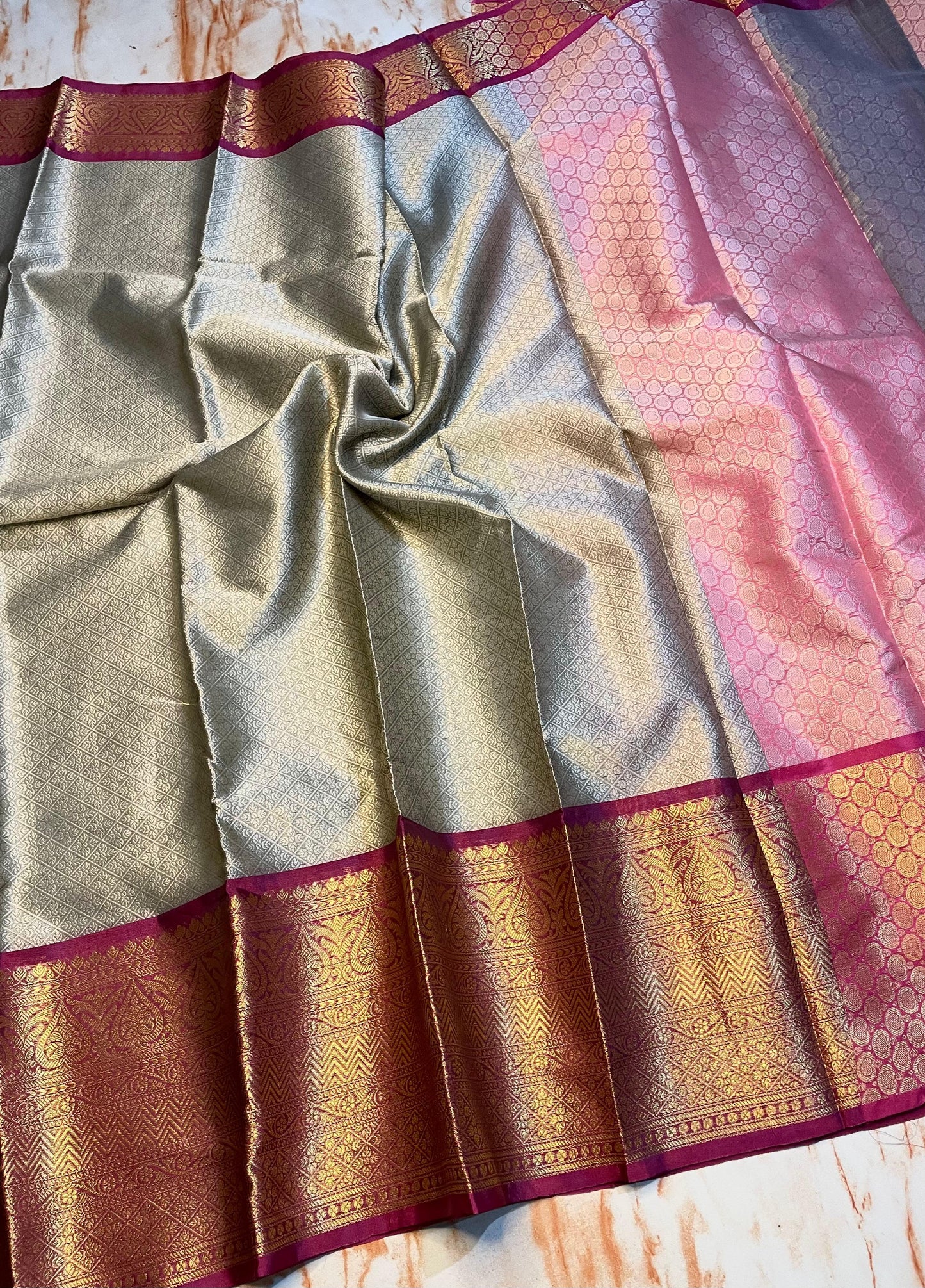 Kanjeevaram Soft silky kora muslin grey color saree with gold zari weaving skirt border saree