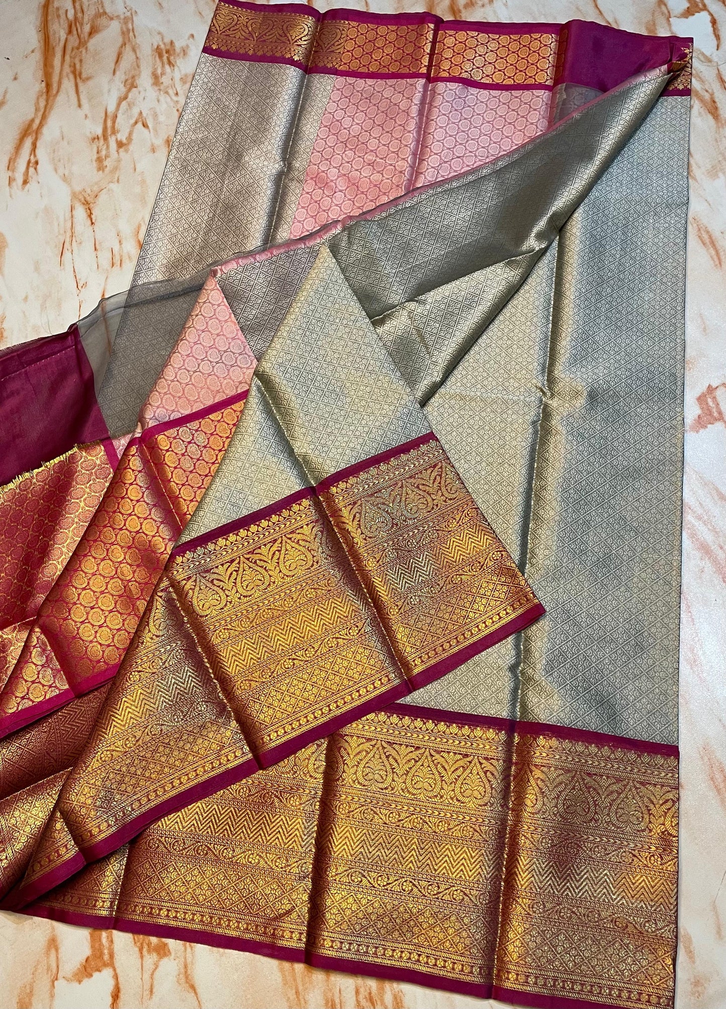 Kanjeevaram Soft silky kora muslin grey color saree with gold zari weaving skirt border saree