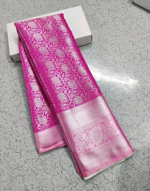 Premium Banarasi pink soft satin silk zari weaving saree