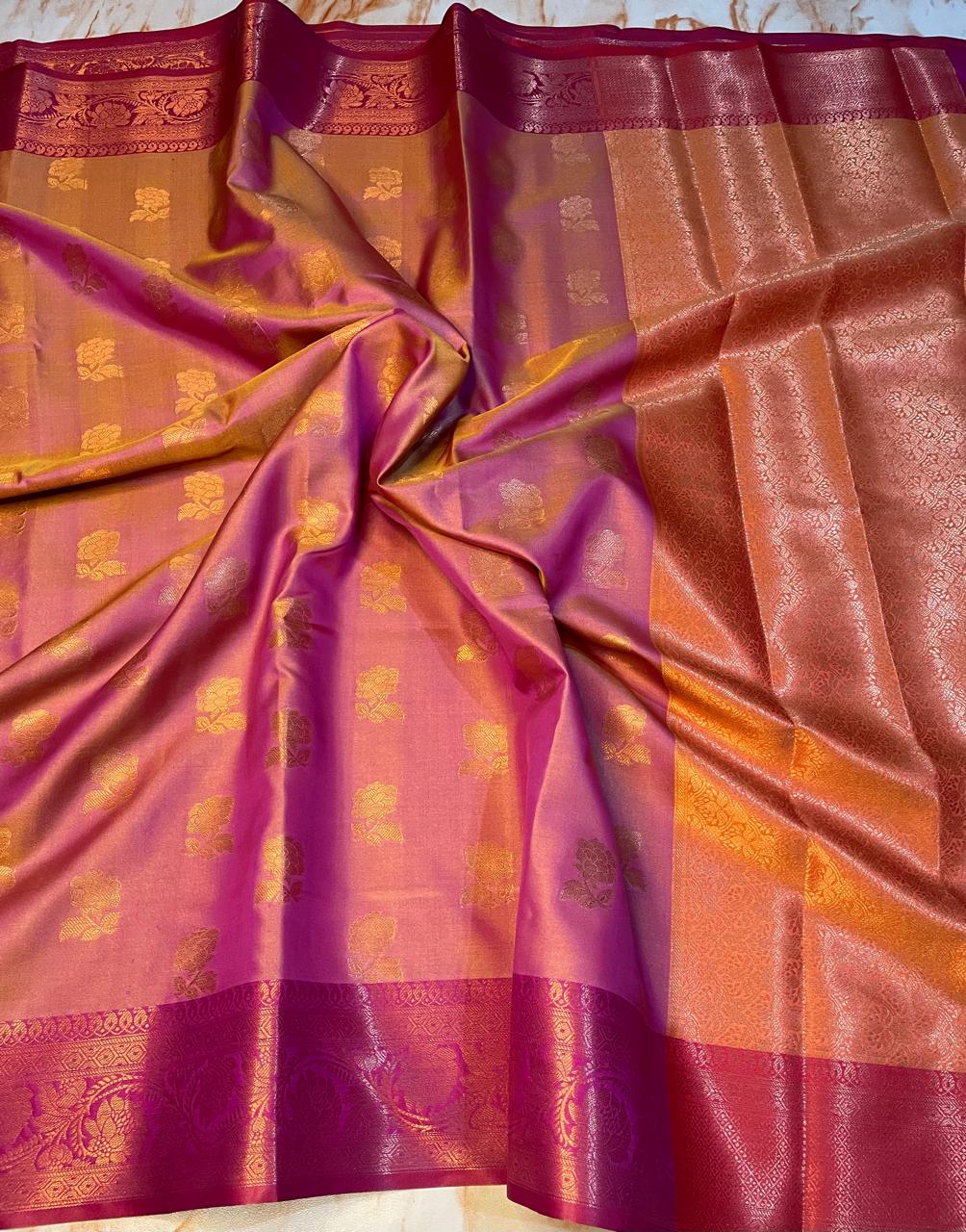 Banarasi Soft Satin Silk Flower Pattern Gold Zari Weaving Traditional Dual Tone Sarees