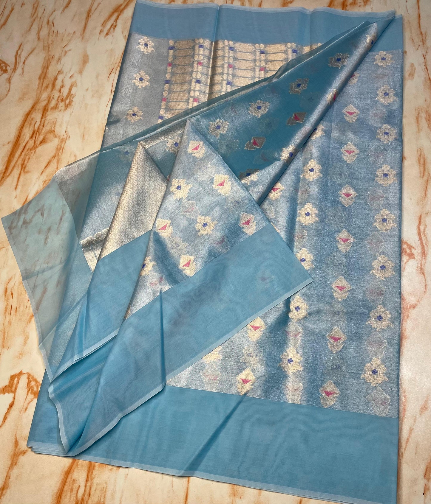 Premium Tissue Organza Sea Green with flower weaving butta Pattern sarees