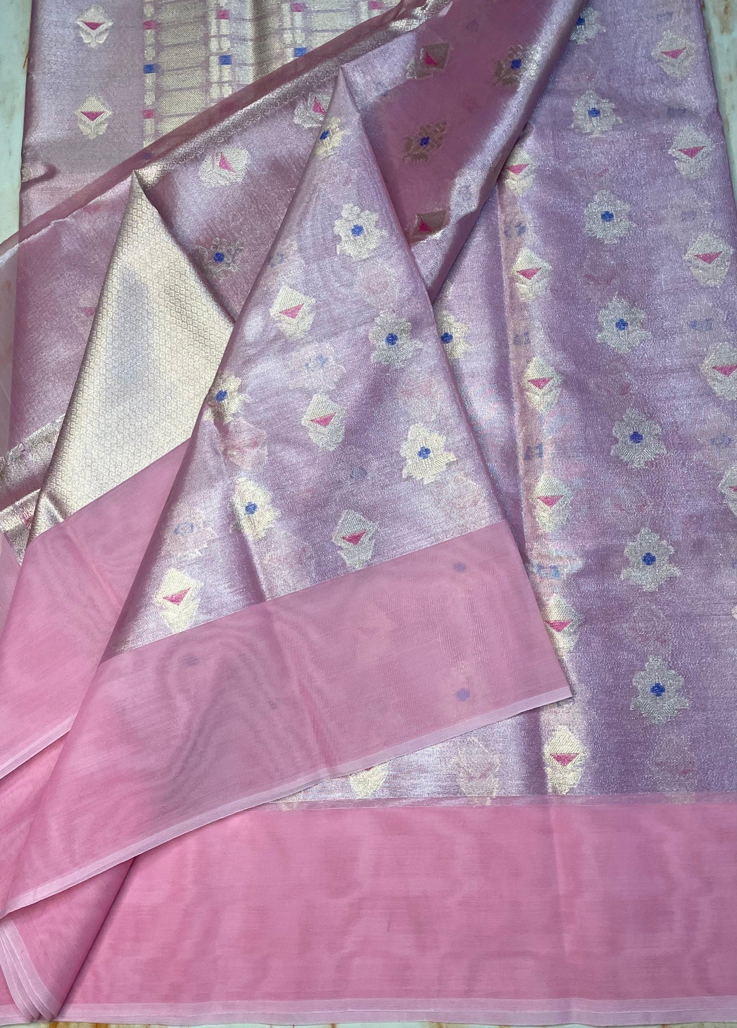 Premium Tissue Organza Baby pink with flower weaving butta Pattern sarees