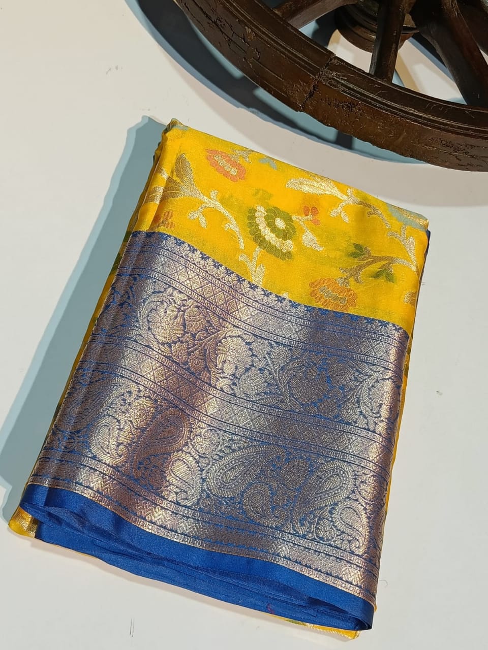 Banarasi Soft satin silk With blue Skirt zari weaving border saree