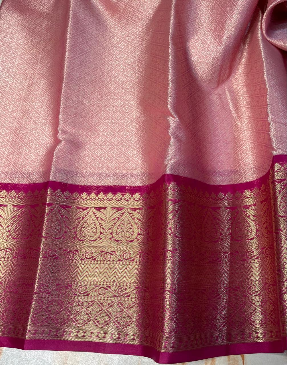 Kanjeevaram Baby pink with gold zari weaving skirt kora muslin sarees