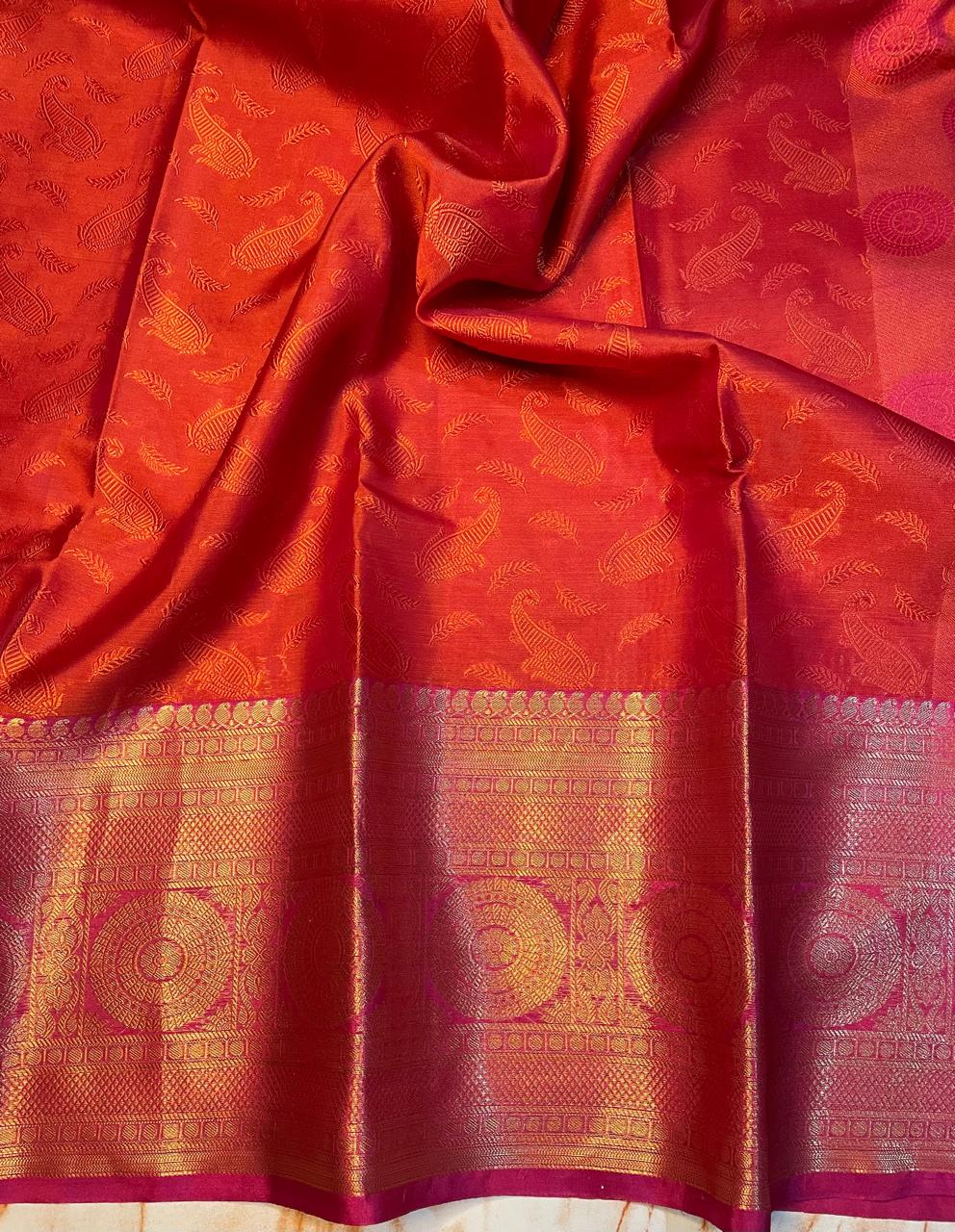 Attractive Kanjeevaram red kanchi kora saree with gold zari weaving skirt traditional border saree