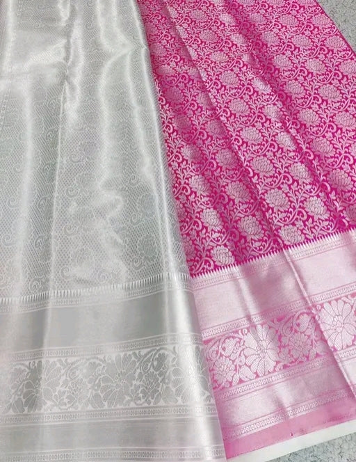 Premium Banarasi pink soft satin silk zari weaving saree