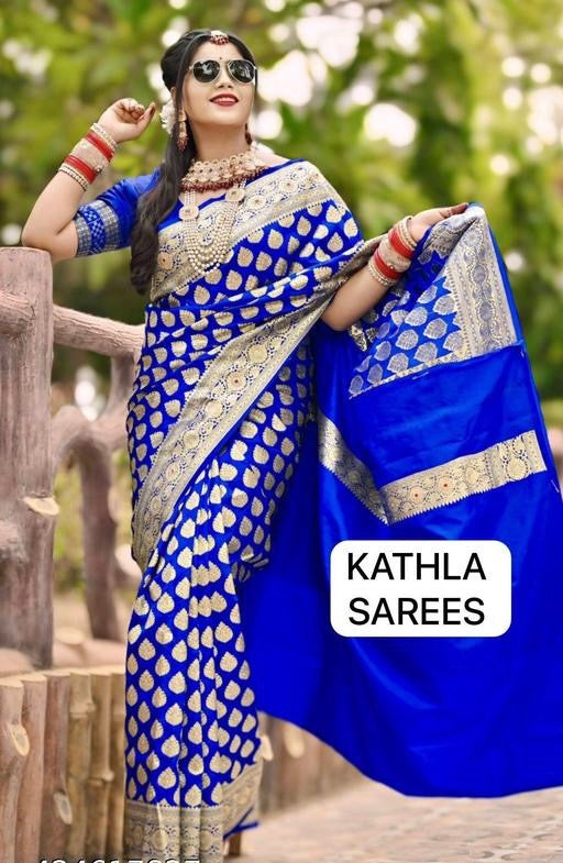Traditional Banarasi Satin silk royal blue saree with Stone work for wedding
