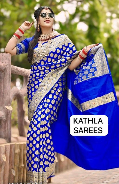 Traditional Banarasi Satin silk royal blue saree with Stone work for wedding
