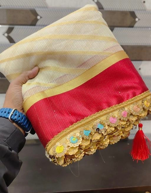 Premium Banarasi Kota checks White color saree & red satin border with lase works