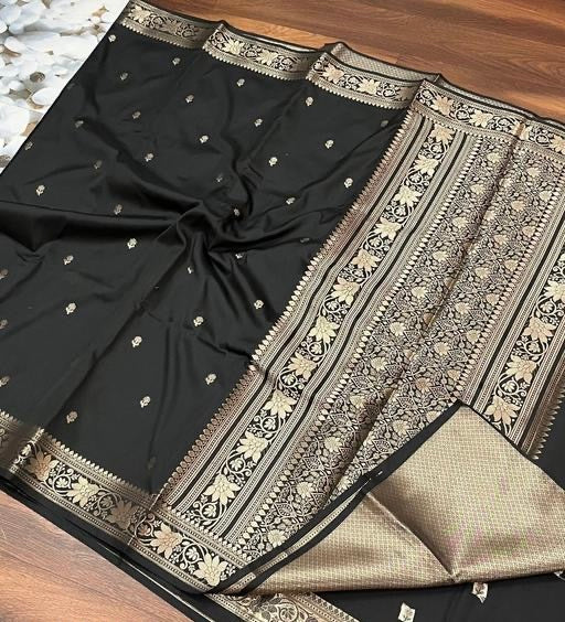 Banarasi black colour soft silk zari weaving saree with blouse piece