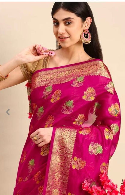 Premium Organza Banarasi Silk Sarees new collection for wedding Occasion with Gold Tone Zari work in a elegant