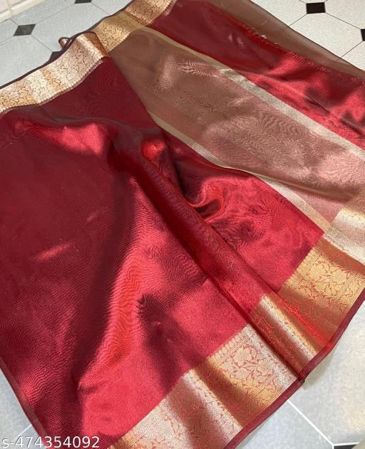 Premium Kanjeevaram Tissue silk Mehroom colour saree with blouse pieces
