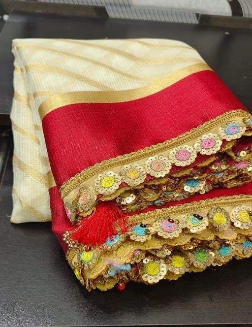 Premium Banarasi Kota checks White color saree & red satin border with lase works
