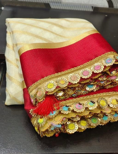 Premium Banarasi Kota checks White color saree & red satin border with lase works