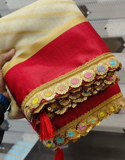 Premium Banarasi Kota checks White color saree & red satin border with lase works