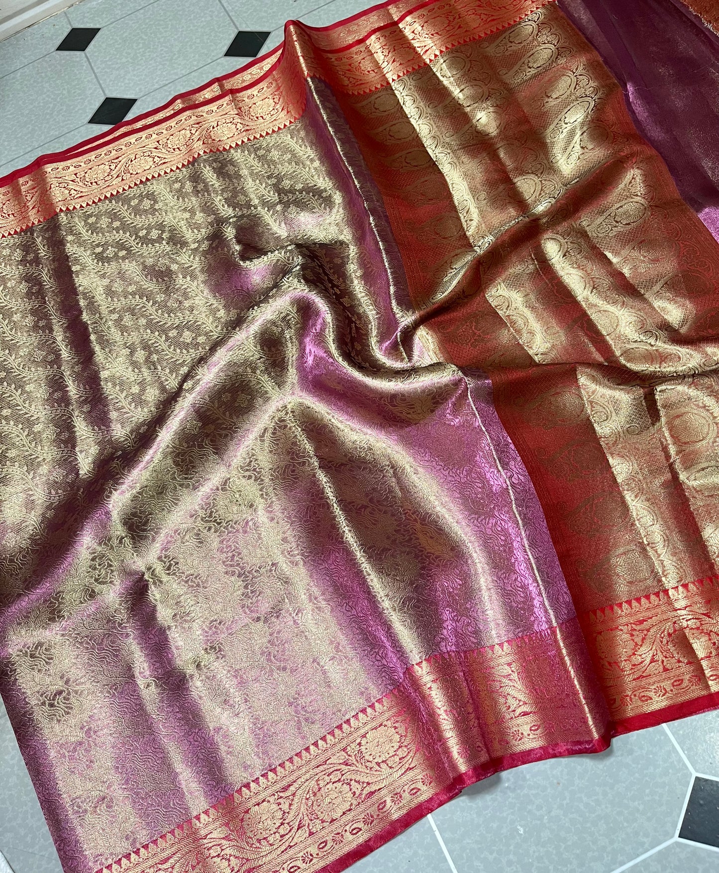 Most trendy Kanjeevaram purple tone Zari weaving saree