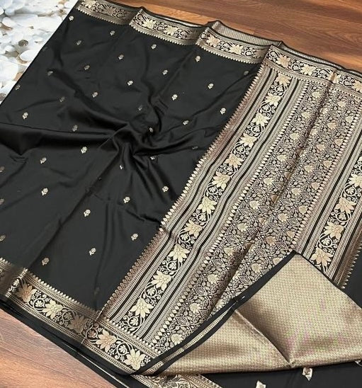 Banarasi black colour soft silk zari weaving saree with blouse piece