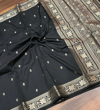 Banarasi black colour soft silk zari weaving saree with blouse piece