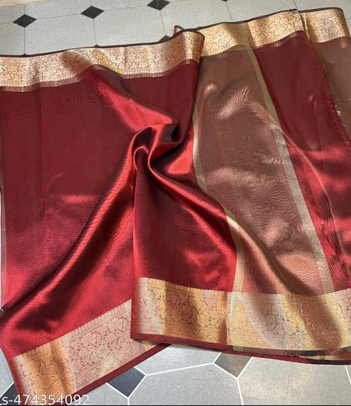 Premium Kanjeevaram Tissue silk Mehroom colour saree with blouse pieces