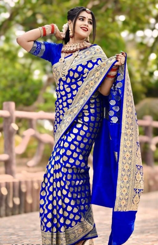 Traditional Banarasi Satin silk royal blue saree with Stone work for wedding