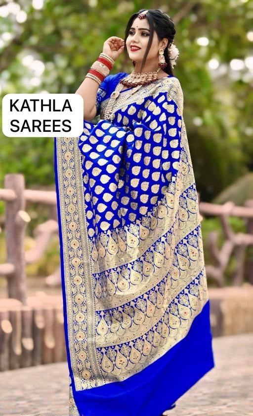Traditional Banarasi Satin silk royal blue saree with Stone work for wedding