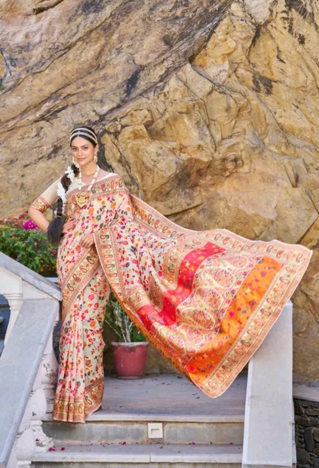 Paithani Cotton silk Cream color Zari border sarees