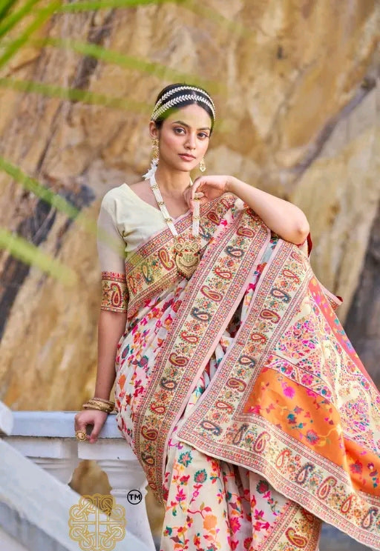 Paithani Cotton silk Cream color Zari border sarees