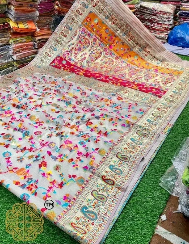 Paithani Cotton silk Cream color Zari border sarees