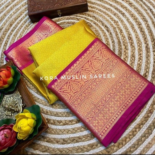 Kanjeevaram yellow Soft Silky Kora muslin saree