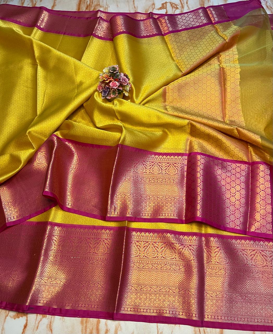 Kanjeevaram yellow Soft Silky Kora muslin saree