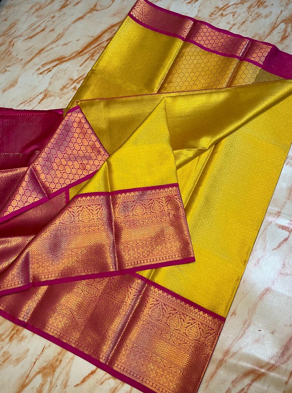 Kanjeevaram yellow Soft Silky Kora muslin saree
