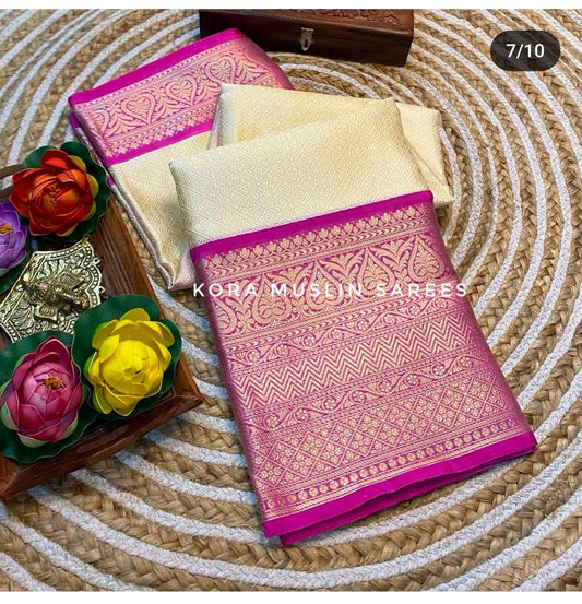 Traditional wear Creem With Pink Zari weaving Kora muslin saree
