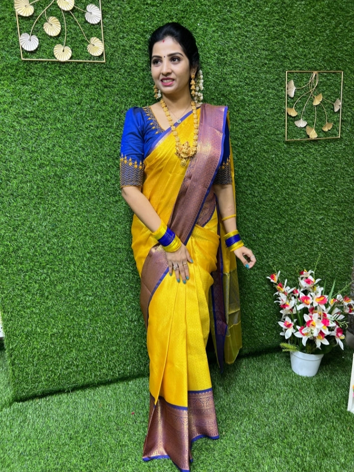 Women's Kanchi kora muslin Yellow with Blue Traditional Zari weaving Saree