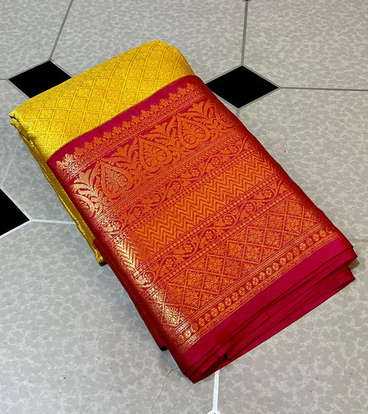 Kanjeevaram Kora Muslin Gold with Dark pink Zari weaving saree