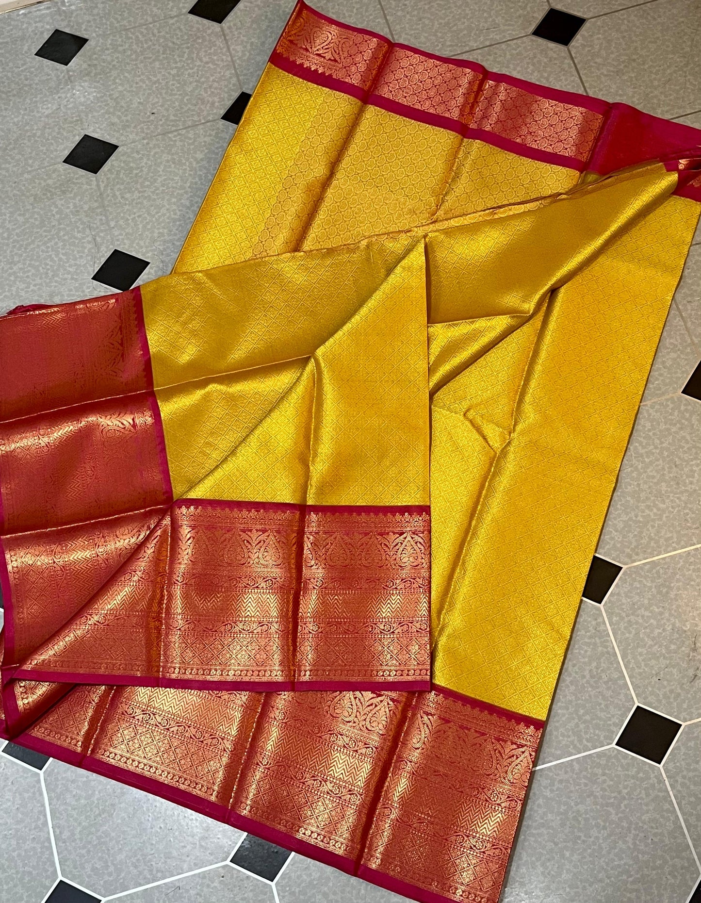 Kanjeevaram Kora Muslin Gold with Dark pink Zari weaving saree