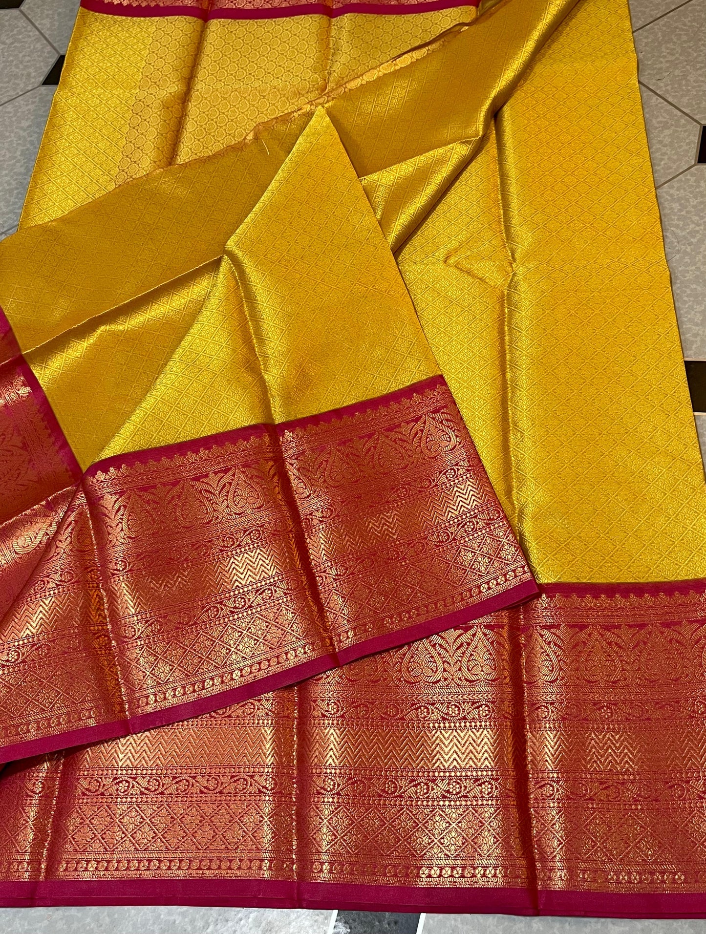 Kanjeevaram Kora Muslin Gold with Dark pink Zari weaving saree