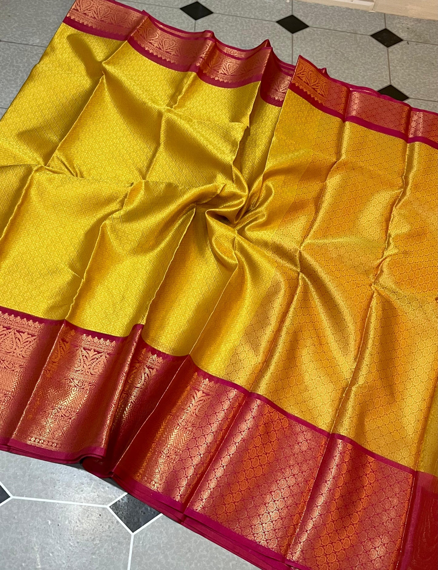 Kanjeevaram Kora Muslin Gold with Dark pink Zari weaving saree