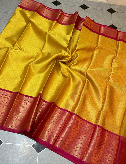 Kanjeevaram Kora Muslin Gold with Dark pink Zari weaving saree