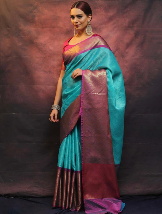 Elegent Traditional wear sea green kora nuslin tanchui parrtn sarees